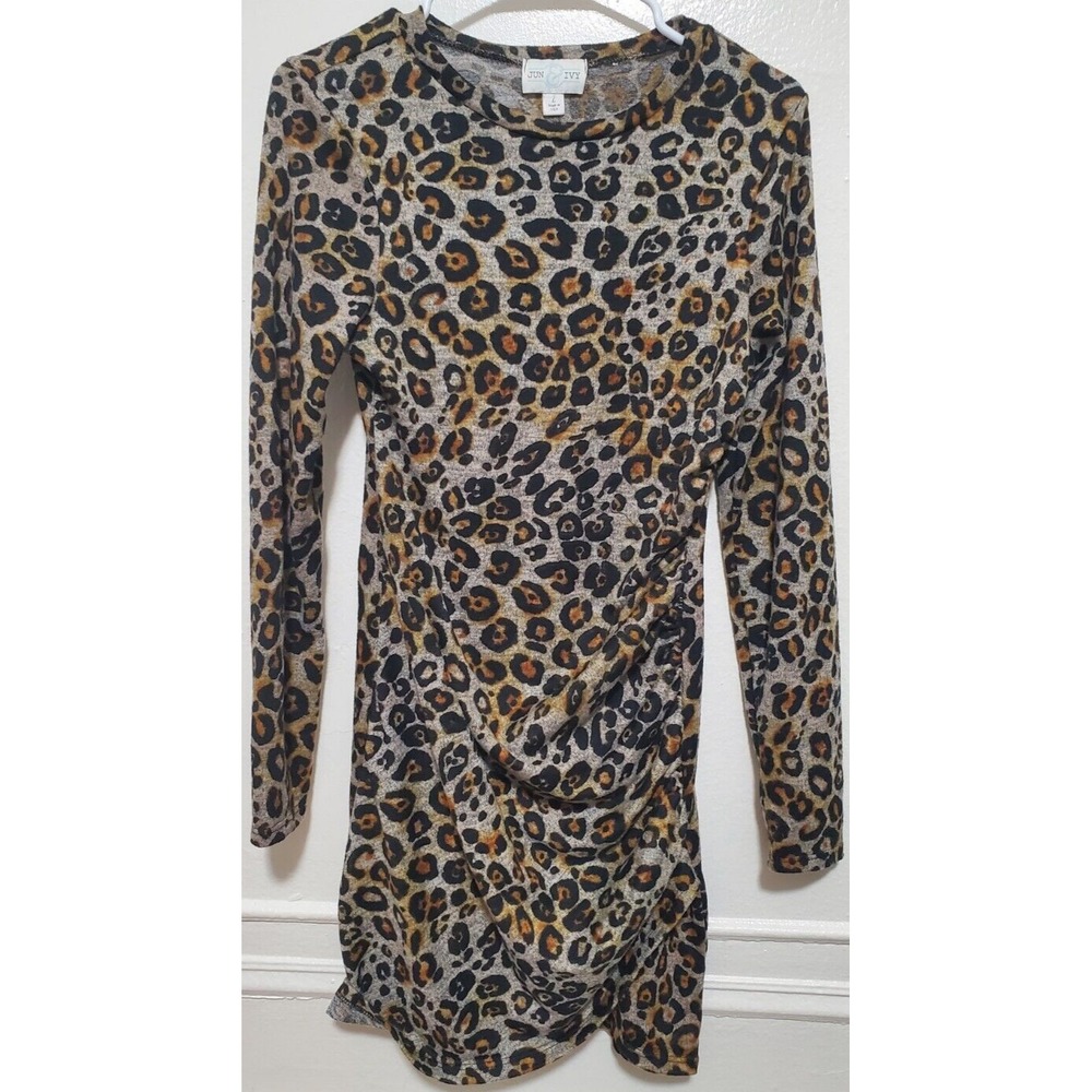 Flirty Leapord Jun and Ivy Long Sleeve Dress Body Con Ruched Tummy Area Size L